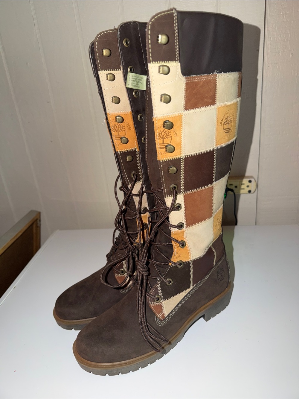 Rare Y2K Timberland Women's Brown and Tan Patchwork Lace-Up Tall Boots Brand New